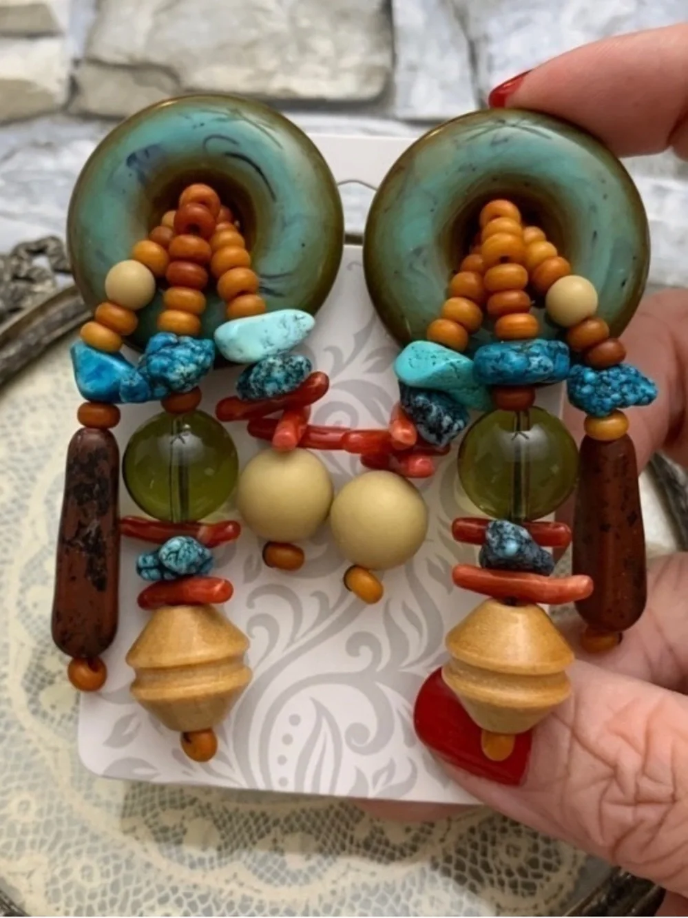 Vintage Runway Les Bernard Signed Turquoise Coral Disc Beads Statement Earrings